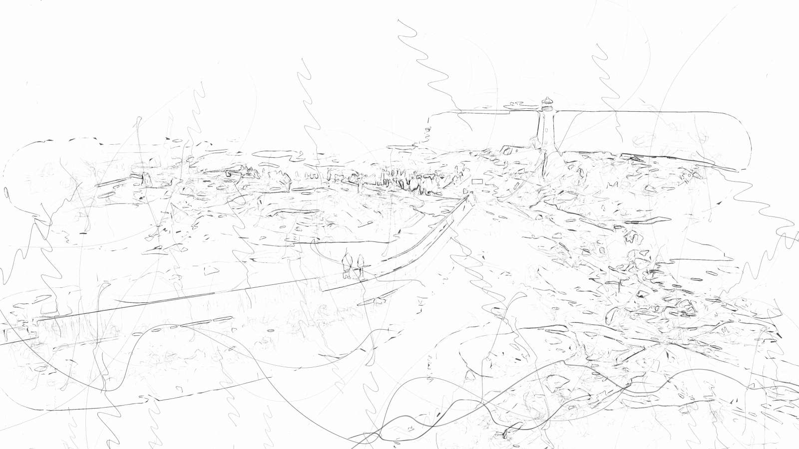 White background with squiggly pencil lines outlining a landscape